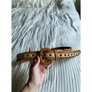 Woven Leather and Canvas Grommet Belt Wrapped Buckle One Size Cognac and Cream thumbnail 4