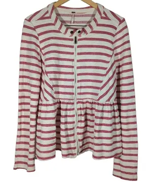 Free‎ People Striped Peplum Moto Jacket Womens M Pink White Zip Up thumbnail 1