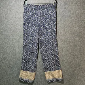 Roz & Ali Blue Floral Boho Wide Leg Border‎ Print Rayon Pants Pull-On M thumbnail 8