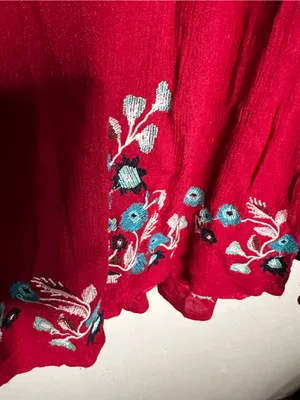 Free People Te‎ Amo Red Blue Floral Embroidered V Neck Babydoll Mini Dress thumbnail 5