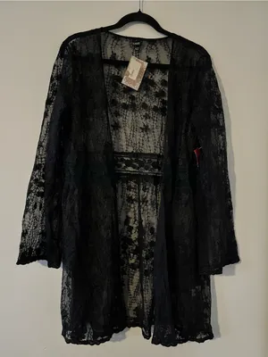NWT Black Floral Lace Sheer Kimono Duster Cardigan Large Open Front Romantic thumbnail 1