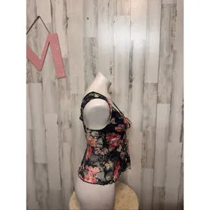 Rebellious Dreamer Floral Lace Tie Front Sleeveless Top Medium Sheer Black Pink thumbnail 5