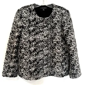 Ann Taylor Wool‎ Blend Chunky Tweed Blazer Women's Medium Black White Zip Front thumbnail 2