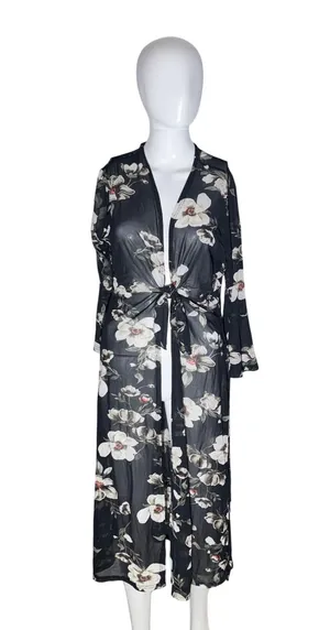 Ember Black Floral Sheer Kimono Duster – Size M thumbnail 1