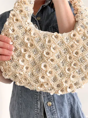 Embellished Cream Floral Beaded Shoulder Bag thumbnail 3