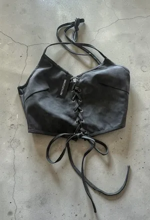 PrettyLittleThing‎ Charcoal Grey Faux Suede Lace Up Halterneck Crop Top - M thumbnail 1