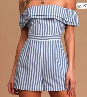 Lulus Nautical You Mine Blue and White Striped Off-Shoulder Romper thumbnail 1