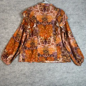 Desigual Womens-XL Paisley Ruffle Tie Neck Long Sleeve Blouse Orange Brown Boho thumbnail 3