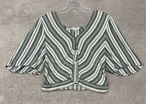 American Eagle Shirt Womens Medium Cropped Green‎ White Stripe Keyhole Smocked thumbnail 1
