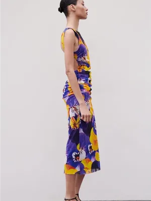 Zara Vibrant Floral Print Mesh Maxi Dress Criss Cross Open Back S thumbnail 13