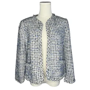 NEW Ann Taylor Blue Tweed Glitter Open Front Fringe Blazer Jacket Preppy Office thumbnail 2