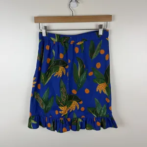 NWT Farm Rio Anthropologie Ruched Mini Skirt Small Blue Tropical‎ Fruit Vacation thumbnail 4