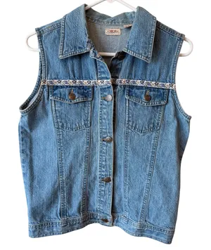 VTG Cherokee 100% Cotton Denim Vest S Blue Floral Trim Button Front Y2K Festival thumbnail 1