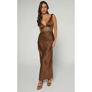✨Juliet Midi Dress - V Neck Lace Insert Satin Slip Sz 6 Dress In Chocolate✨ thumbnail 5