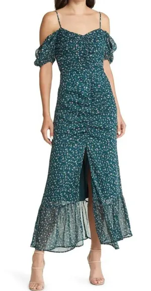 WAYF Nyla Floral Ruched Midi Dress Pine Green Ditsy Floral Puff Sleeve Romantic thumbnail 1