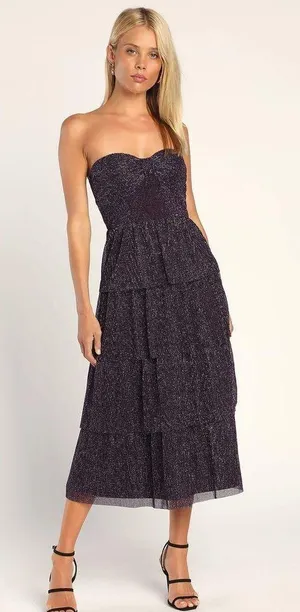 Lulus NWT Tier to Dance Purple Shiny Lurex Tiered Strapless Midi Dress thumbnail 1