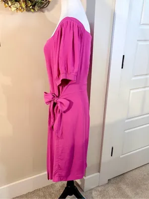 💥NWT Maeve Anthropologie Raspberry Pink Wrap Tie Waist Puff Sleeve Dress 14💛 thumbnail 4