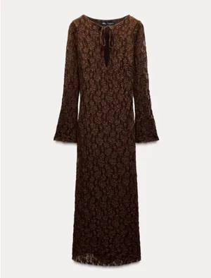 Zara Brown Lace Long-Sleeve Midi Dress thumbnail 7