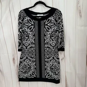 White House Black Market Women’s Medium Black White Patterned Tunic Top Slinky thumbnail 1