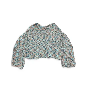 Handmade Chunky Knit Boat Neck Sweater Blue Pink Marled Bell Sleeve Pullover thumbnail 7