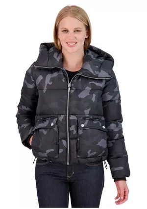 Sebby Hooded Crop Puffer Jacket Black Camo Full Zip Outdoor Gorp Womens Size M thumbnail 1