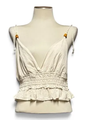 Sim & Sam Cotton Linen Cropped Smocked Top V-Neck Natural Oatmeal Tan Beige XL thumbnail 1