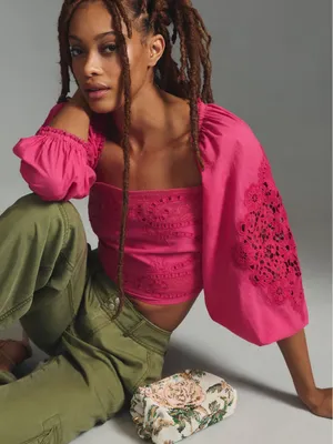 FARM Rio Pink Lace Puff sleeve Cropped Blouse thumbnail 1