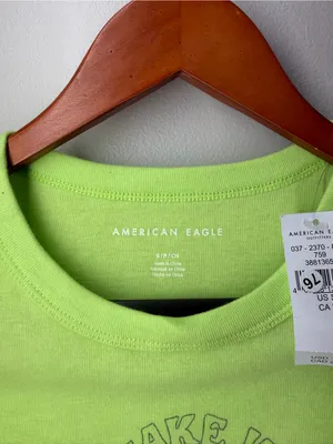 American Eagle Take It Easy Turtle‎ Graphic Baby Tee Neon Green Y2K Fitted Top thumbnail 4