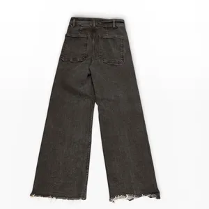 Zara The Patch Pockets Marine Straight Jeans Black High Waist Wide Leg Raw Hem 4 thumbnail 2