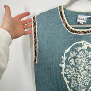 Russ Petites Blue Sweater Vest Women's Size S Floral Motif Leopard Trim‎ Knit thumbnail 6