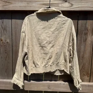 Zara Beige Linen Blend Cropped Jacket Frayed Hem Boho Tan Medium thumbnail 3