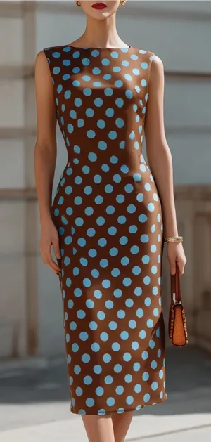 MOOYIUS Sleeveless Brown Midi‎ Dress with Light Blue Polka Dots thumbnail 1