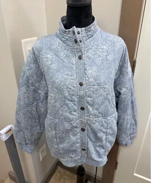 Kensie Jeans Women Blue Floral Quilted Snap Front Mock Neck Jacket Cotton Large thumbnail 1