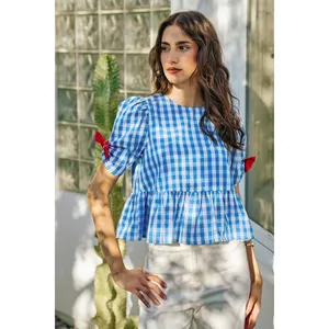 SO ME 4th Of July Gingham Ribbon Detail Short‎ Sleeves Blouse - Medium thumbnail 4