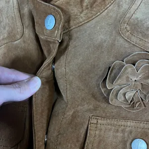 Live a Little Brown Suede Leather Jacket Rosette Floral Western Boho Womens L thumbnail 12