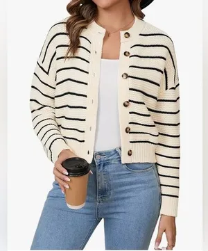 NEW Cream Striped Button Down Cardigan Sweater Long Sleeve L thumbnail 1