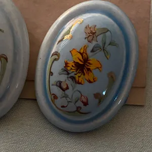 Vintage Enamel Pierced Earrings Blue Floral Flower Flowers 1.25” H Oval thumbnail 3