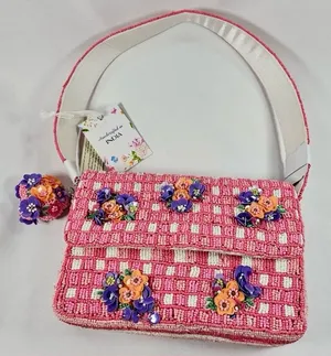 NWT India handcrafted Viral Beaded Pink Quilted Purple Flowers Checkered Bag thumbnail 1