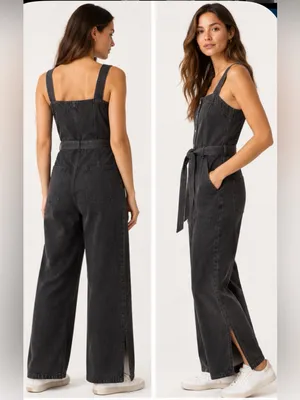 OAT New York Size 12 Black Denim Wide Leg Utility Jumpsuit Tie Waist NWT thumbnail 2