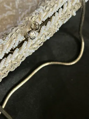 Ivory Beaded Evening Shoulder Hand Bag with Chain Strap Rhinestone Accent thumbnail 14