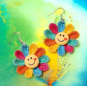 Rainbow Color Sunflower Smiling Face Design Dangle Earrings‎ Cute Knit Style thumbnail 1