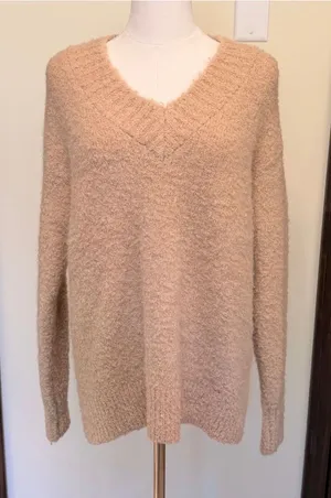 Aerie beige v-neck oversized knit fuzzy sweater thumbnail 1