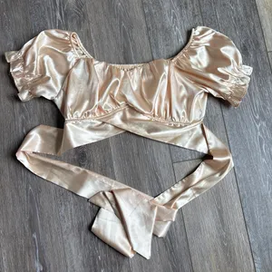 Gold satin crop top with tie back detail thumbnail 1