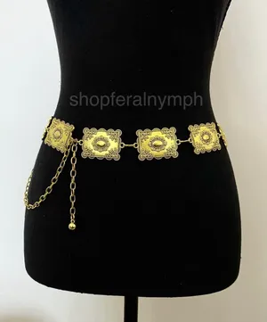 Gold Y2K Textured Rectangular Boho Chain Belt, Fits 23.5-43.5 Inches, X7GA1252 thumbnail 1