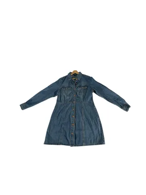 Frye Denim Shirt Dress Womens L Western Long Sleeve Button Front Mini Blue thumbnail 4
