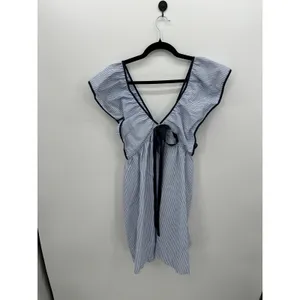 SheIn Womens L Blue White Striped Ruffle Mini Dress Tie Front Coastal Nautical Preppy thumbnail 4
