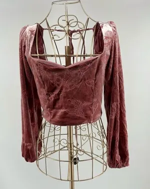 Altar'd State Velvet Burnout Smocked Crop Top Size Small Pink thumbnail 1