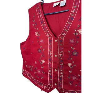 Bobbie Brooks Womens XL Red Cotton Floral Embroidered Button Front Vest thumbnail 3