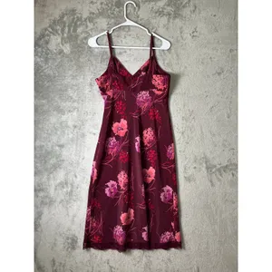 Vintage Y2K Floral Slip Dress Burgundy Pink Lace Hem Spaghetti Strap Midi M thumbnail 3