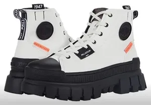 Palladium White and Black Canvas Lug-Soled Lace-Up Boots with Orange Accent thumbnail 1